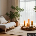 무속 컨설팅 서비스 - A serene, softly lit meditation corner inside a modern Spanish apartment, featuring a small altar wi...