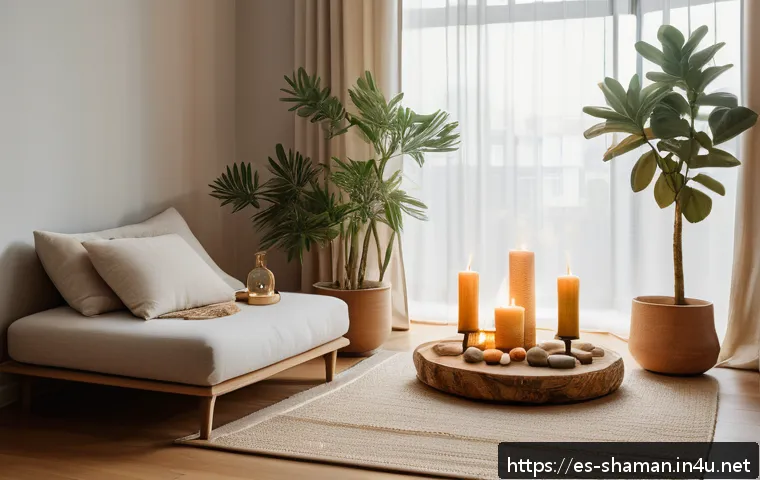 무속 컨설팅 서비스 - A serene, softly lit meditation corner inside a modern Spanish apartment, featuring a small altar wi...