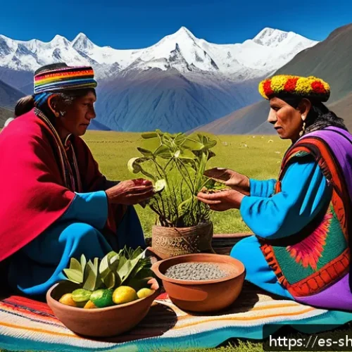 무속의 윤리적 문제 - A serene outdoor scene depicting a traditional Andean ritual honoring Pachamama, featuring a group o...
