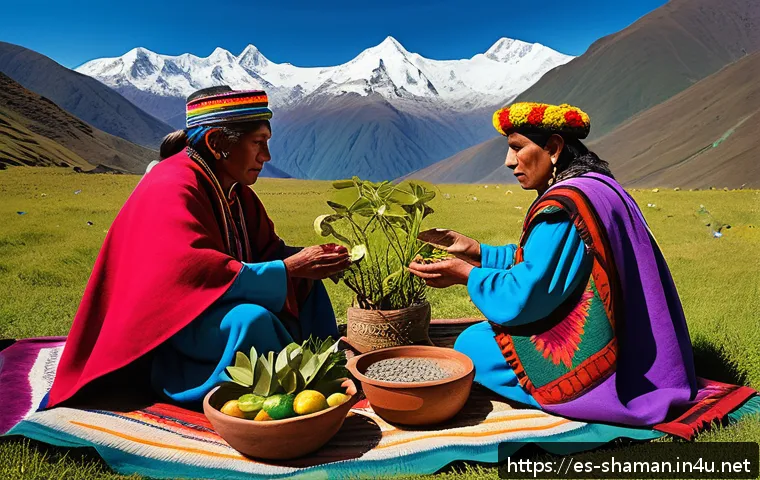 무속의 윤리적 문제 - A serene outdoor scene depicting a traditional Andean ritual honoring Pachamama, featuring a group o...