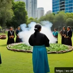 무속의 세계화 사례 - A serene urban ceremony scene depicting a diverse group of adults participating in an indigenous rit...