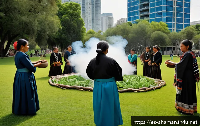 무속의 세계화 사례 - A serene urban ceremony scene depicting a diverse group of adults participating in an indigenous rit...