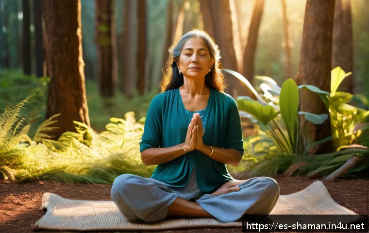 무속 점사에서 나타나는 미래 예측 - A serene outdoor meditation scene set in a lush forest during golden hour, featuring a mature Hispan...