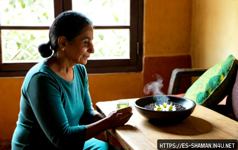 Home 17 무속과 신체 건강의 연관성 - Photorealistic wellness consultation in a sunlit Latin American home, a middle-aged Hispanic woman i...