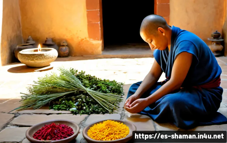 무속과 불교의 공통점 - Photorealistic peaceful comparison scene in a sunlit Spanish colonial courtyard: an Andean spiritual...