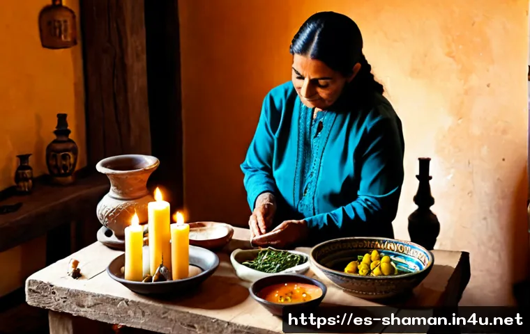 무속 삼재풀이 - Photorealistic Spanish-speaking Latin American spiritual cleansing ritual in a modest home, an elder...